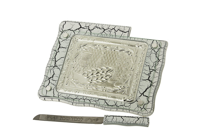 Challah Board White Marble with a Knife | Judaica Square Lakewood