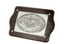 Rectangular dark wood challah board with a glass top over a silver-tone oval Jerusalem plate