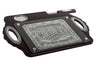 Rectangular dark wood challah board with glass over a silver-tone Jerusalem plate, handles and a knife