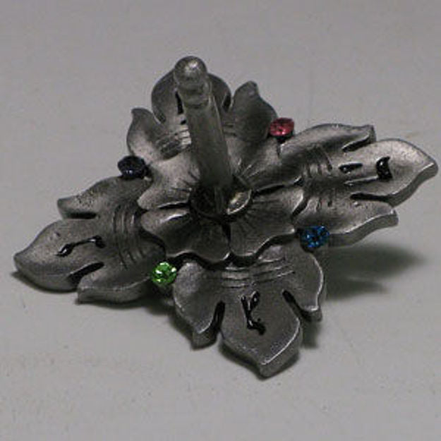 Grey pewter-finish dreidel with leaf-shaped points and small pink, blue and green stones
