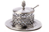 Silver plated lattice honey dish with a clear inner dish, finial lid and spoon on a round tray