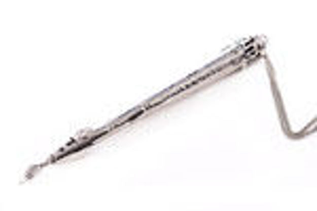 Slim stainless steel Torah pointer with a decorated shaft and pointing hand tip, shown on white