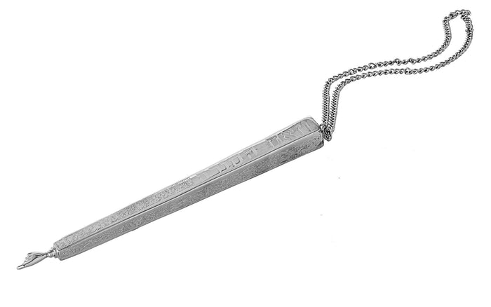 Six-inch hammered stainless steel yad with a tapered square shaft, pointing hand and hanging chain