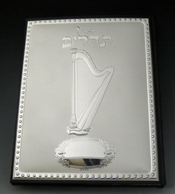 Leather Tehillim with a sterling silver cover showing a harp under the Hebrew title and a beaded border
