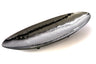 Long oval hammered stainless steel tray with raised tapering ends on small feet