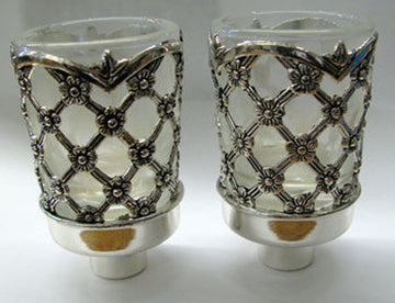 Two neronim holders with silver-tone X lattice and flower studs around clear cups