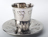 Polished stainless steel Kiddush cup and tray embossed with grape clusters