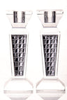Two crystal candlesticks with dark basket-weave pattern panels, 6 inch size, on white