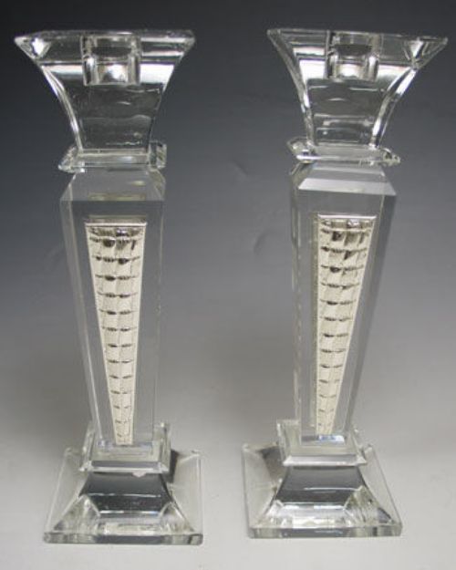 Pair of square crystal candlesticks with tapered brick-textured silver insets, variant 24804-B