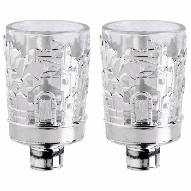 Pair of neronim with silver-tone Jerusalem city relief around clear cups and peg bases