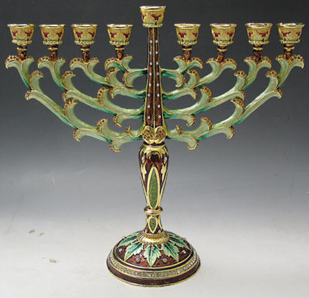 Jeweled menorah with pale green gold-edged leafy arms, burgundy column and leaf-decorated round base