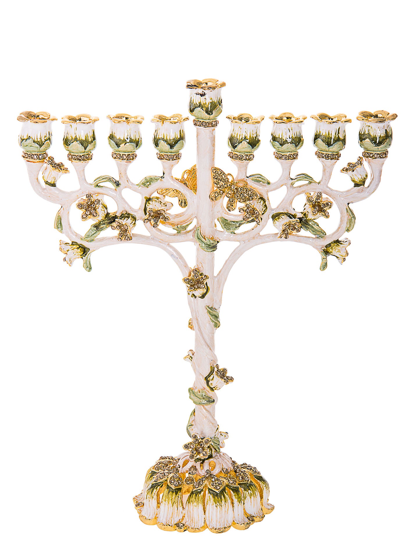 Chanukah menorah studded with multicolored jewels along its eight branches and shamash