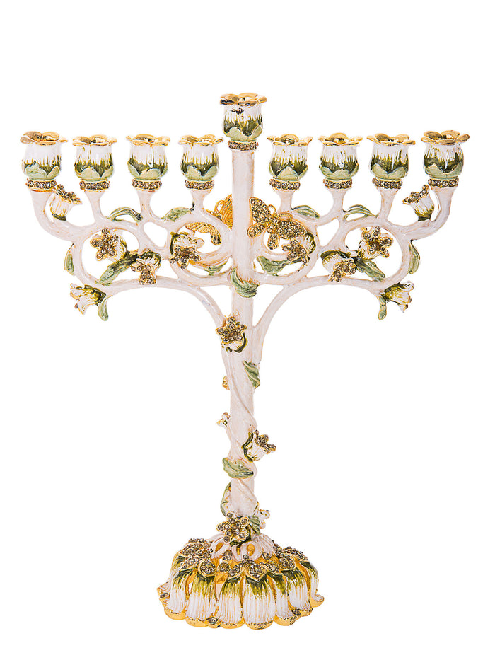 Chanukah menorah studded with multicolored jewels along its eight branches and shamash