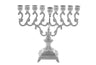 Upright silver plated menorah with eight branches rising to an even row of cups