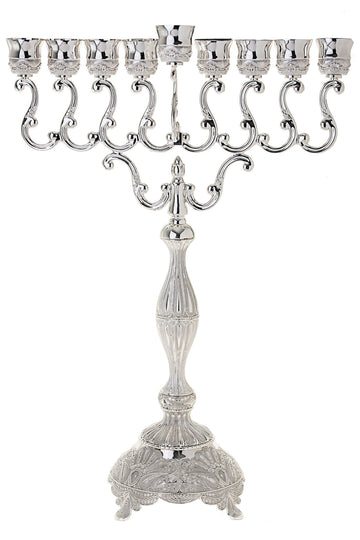 Tall silver plated menorah with S-scroll arms, fluted baluster stem and decorated footed base