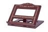Burgundy wooden book holder with gold Hebrew verse and scroll border, shown angled on a hinged base