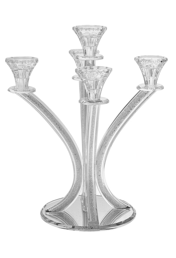 Five-branch crystal candelabra with crushed-stone filled curved arms on a round base