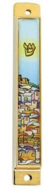 Small enamel mezuzah case painted with a Jerusalem city scene, gold-tone Shin and gold-tone frame