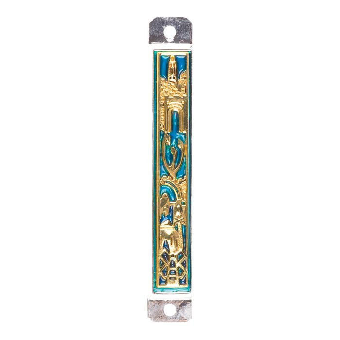 Enamel mezuzah case with gold-tone Jerusalem scenes on turquoise and silver-tone mounting tabs