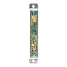 Enamel mezuzah case with gold-tone Jerusalem scenes on turquoise and silver-tone mounting tabs