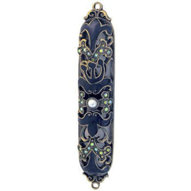 Navy jeweled mezuzah case with bronze-tone scroll openwork, iridescent stones and a central pearl-like bead