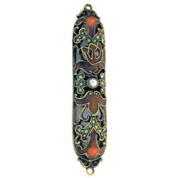 Bronze-tone jeweled mezuzah case in brown and orange with green stones and a pearl-like center bead