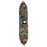 Bronze-tone jeweled mezuzah case in brown and orange with green stones and a pearl-like center bead