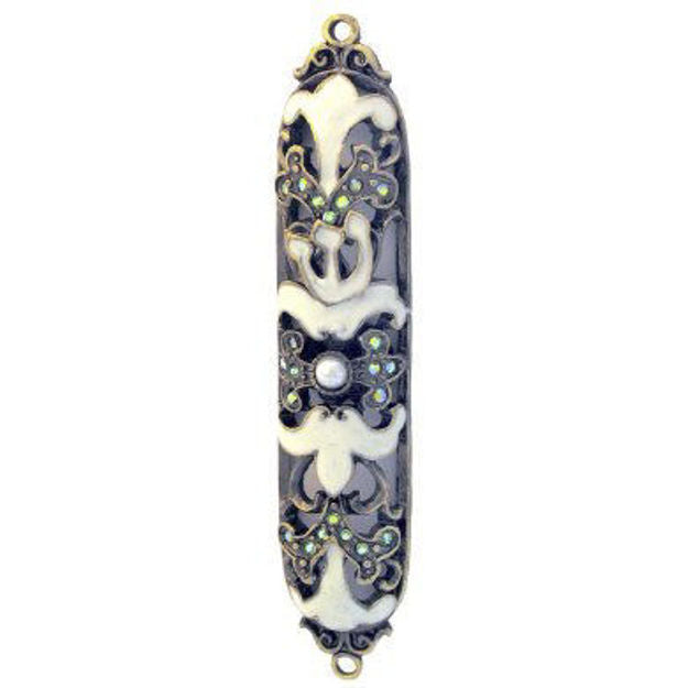 Jeweled mezuzah case with ivory scrolls on black, pastel stones and a pearl-like center in a bronze-tone frame