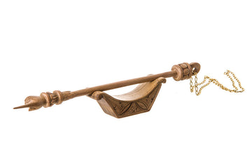 Hand carved teak yad Torah pointer on a boat-shaped carved stand with its gold-tone chain