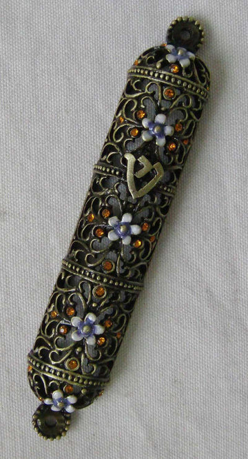 Antique brass filigree mezuzah case with pale blue enamel flowers, amber crystals and shin