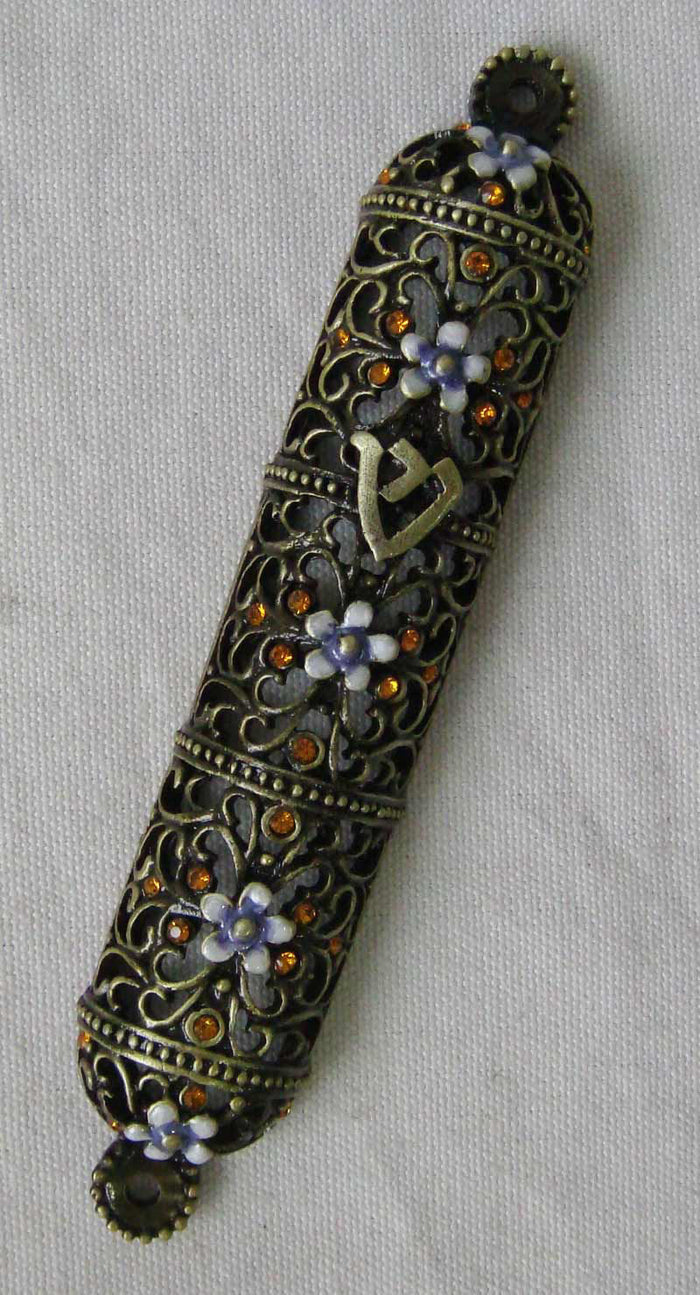Antique brass filigree mezuzah case with pale blue enamel flowers, amber crystals and shin