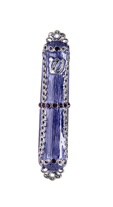 Purple enamel mezuzah case with silver-tone scroll border, small purple stones and a raised Shin