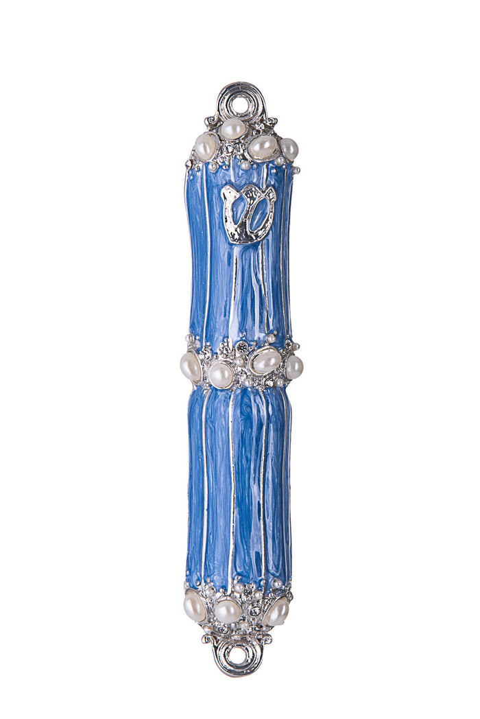 Light blue enamel mezuzah case with bands of white stones and a silver-tone shin, front view