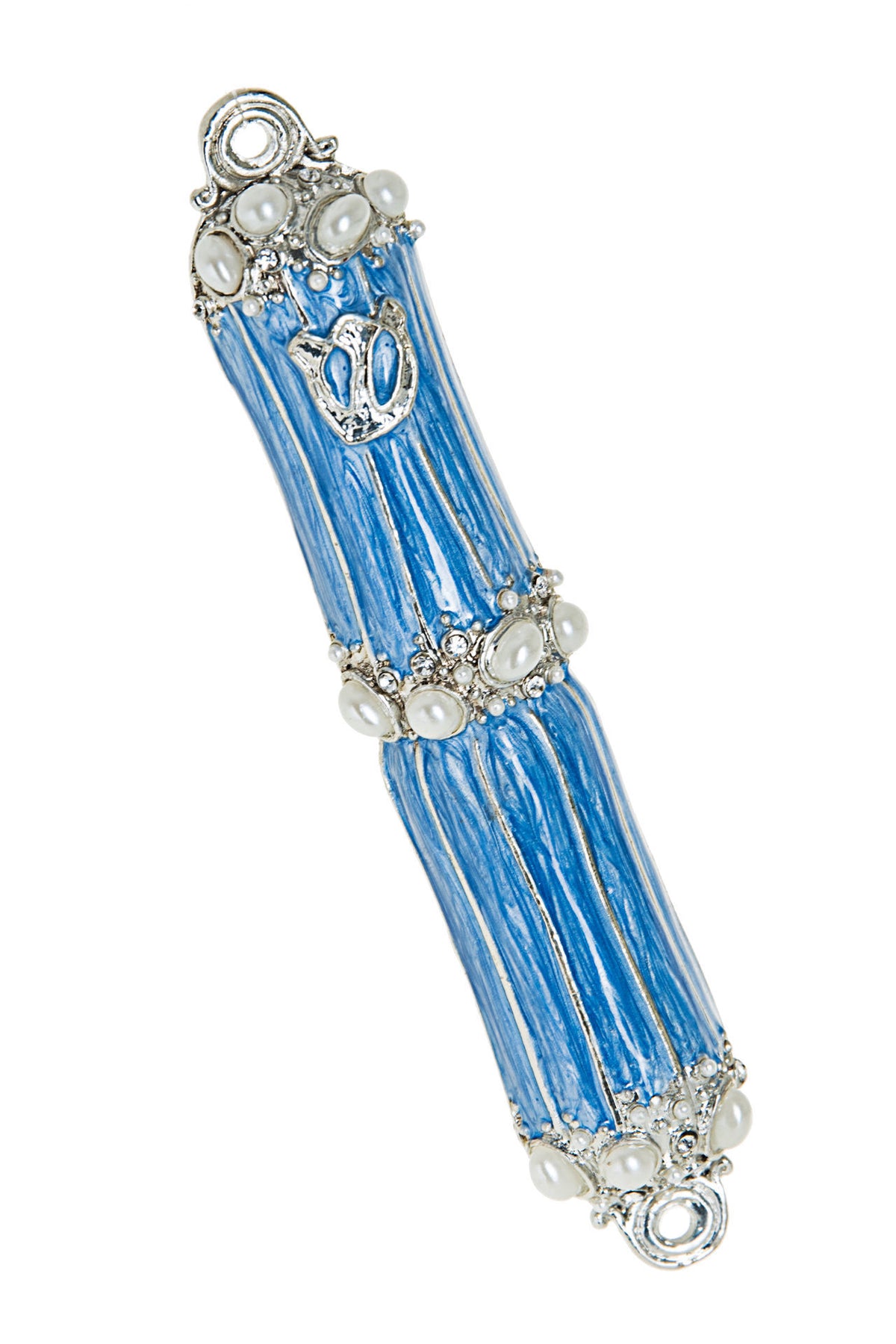 Light blue enamel mezuzah case set with small stones along its face, seen from a second angle