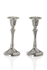 Two short polished silver plated candlesticks with beaded rims and round stepped bases