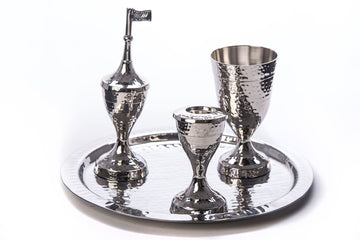 Hammered stainless steel havdalah set with candle holder, spice box and wine cup