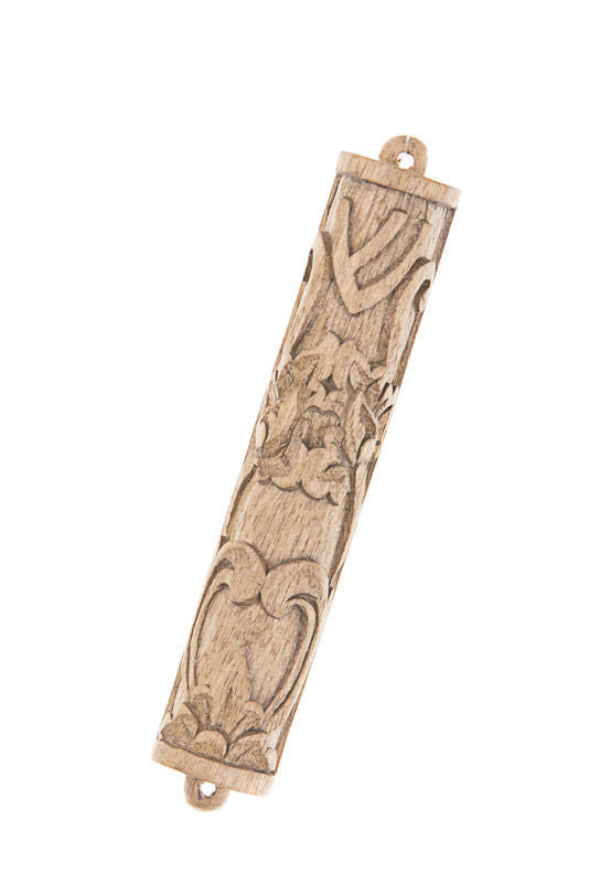 Light Cempaka wood mezuzah case with carved Shin at top and leaf and flower relief below