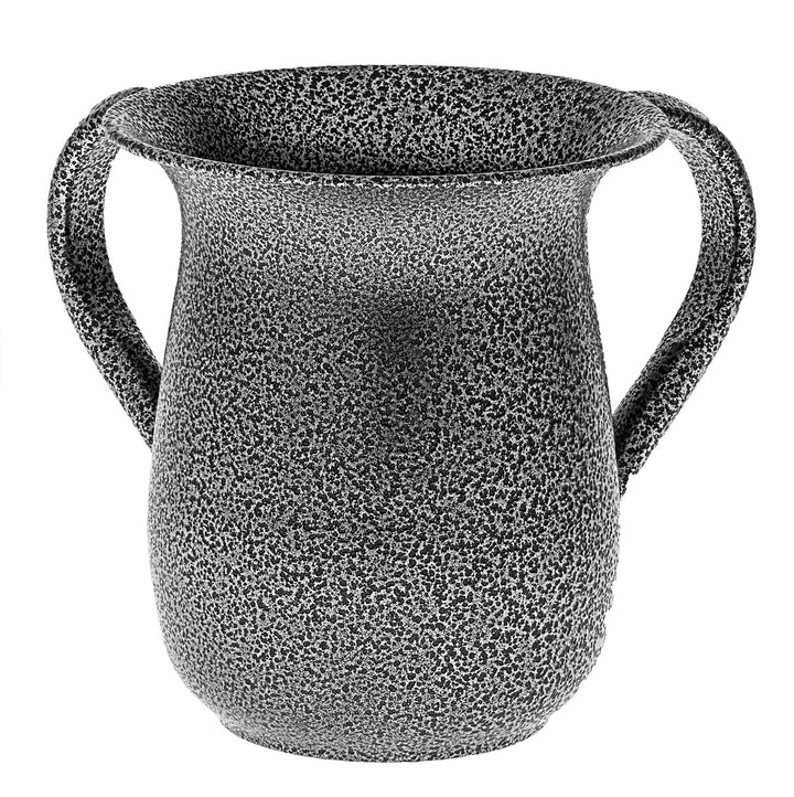 Rounded two-handled wash cup in speckled grey and black finish