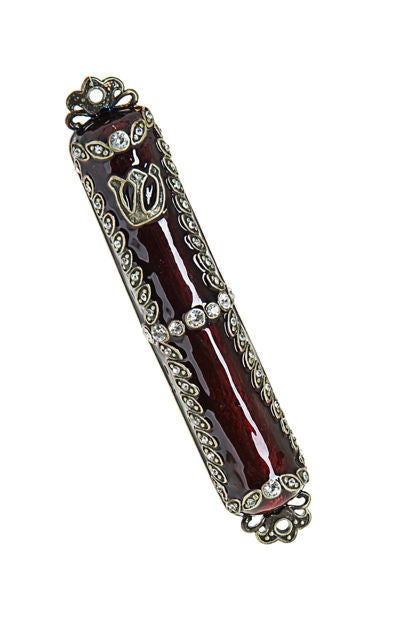 Mezuzah Jeweled Burgundy with Stones — alternate view | Judaica Square Lakewood