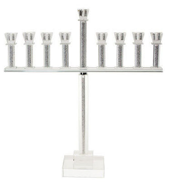 Tall crystal menorah with stone-filled candle columns on a long crossbar above a slim pedestal and square base