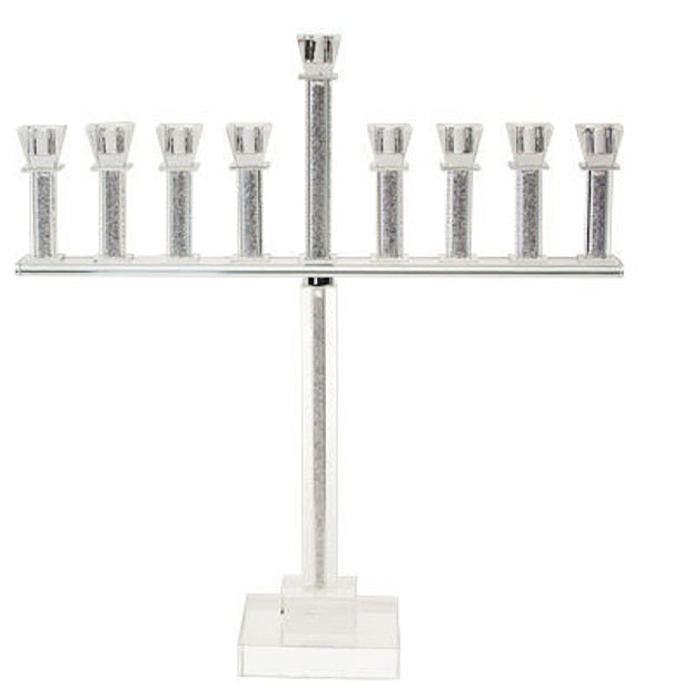 Tall crystal menorah with stone-filled candle columns on a long crossbar above a slim pedestal and square base