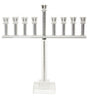 Tall crystal menorah with stone-filled candle columns on a long crossbar above a slim pedestal and square base