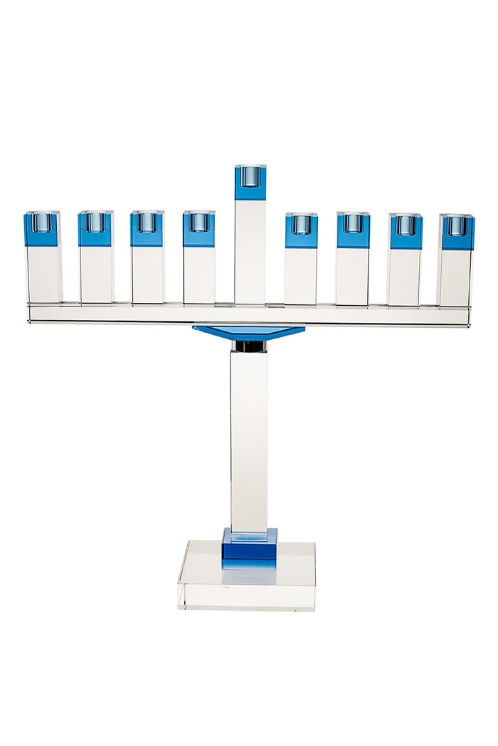 Crystal menorah with nine blue-tinted square cups on a long bar, raised shamash and blue-accented base