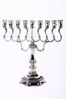 Silver plated menorah with nine cups on S-curved arms, banded column and hexagonal footed base