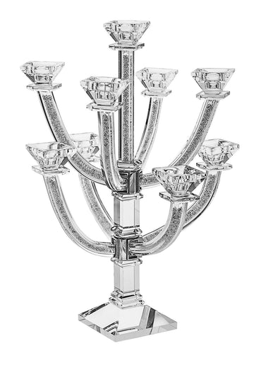 Crystal 9 branch candelabra with two tiers of stone-inlaid arms around a square column
