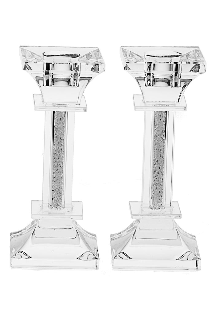 Two medium crystal candlesticks with sparkling stone-filled columns, square cups and stepped feet