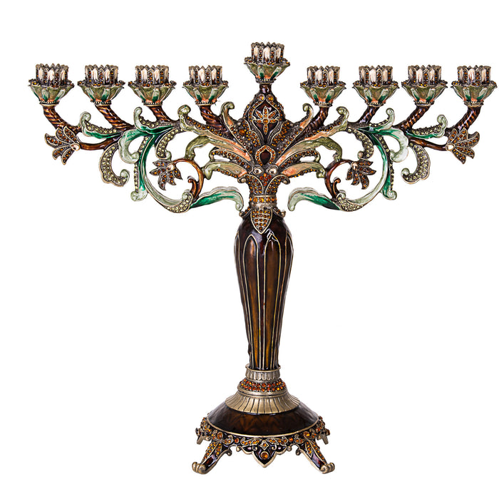 Jeweled menorah with green and copper-tone leafy arms, a brown column and crystal accents on a footed base