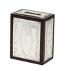 Rectangular dark wood tzedakah box with embossed silver panels, Hebrew lettering and top slot