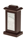 Dark wood tzedakah box with top coin slot and an engraved silver plated arched plaque