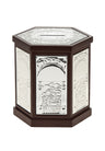 Hexagonal wood tzedakah box with arched silver panels embossed with city scenes and top coin slot